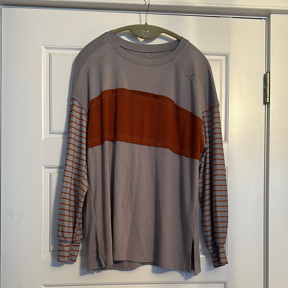 Striped Long Sleeve Top - Gray and Brown